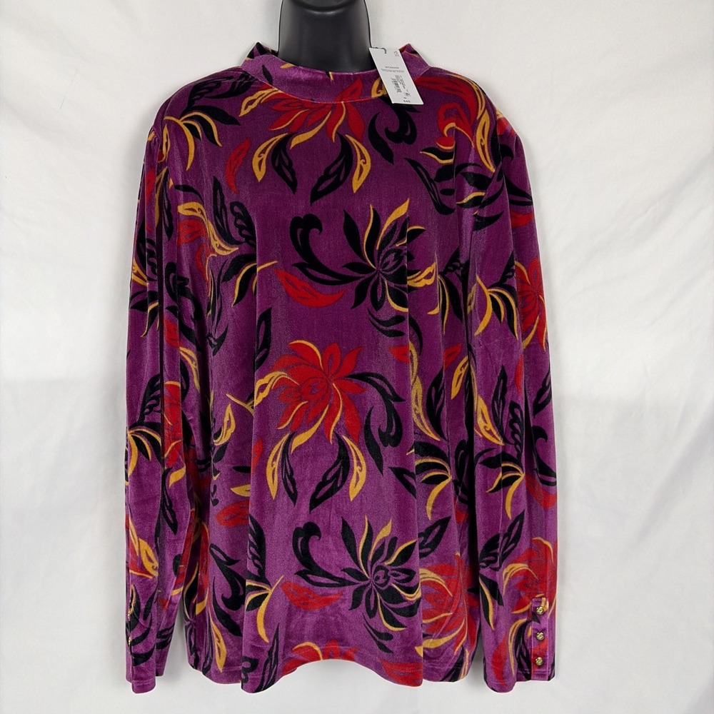 NWT Liz Claiborne Purple Floral Velvet Mock Neck Long Sleeve Blouse Womens 2XL